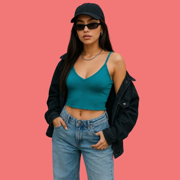 💚 PacSun Basics Teal Ribbed Lettuce Hem Crop Tank (XS) - Picture 1 of 6